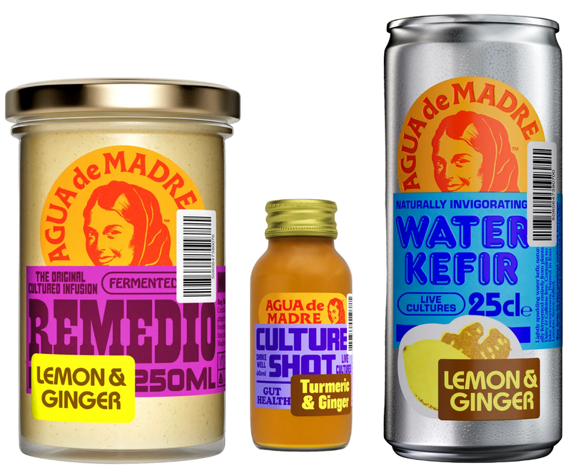 Collection of Agua de Madre products including a jar, bottle, and can on a white background.